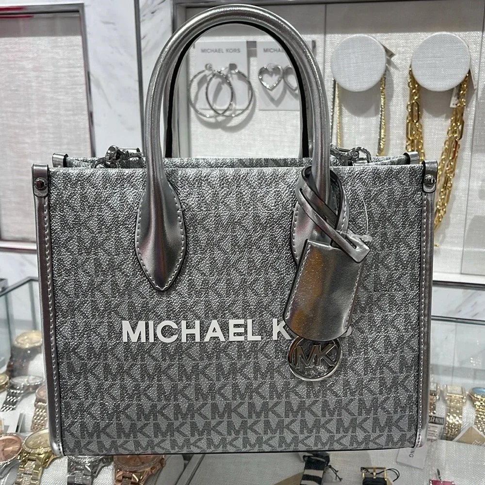 Michael Kors Mirella Small Metallic Signature Logo Crossbody Bag  Silver  NWT